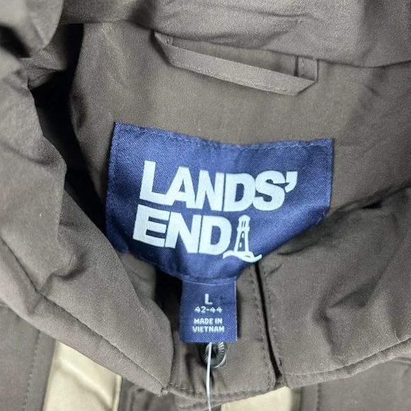 Lands' End Down Puffer Jacket Mens Large Tan Brown‎ 600 Fill Quilted Snap Front